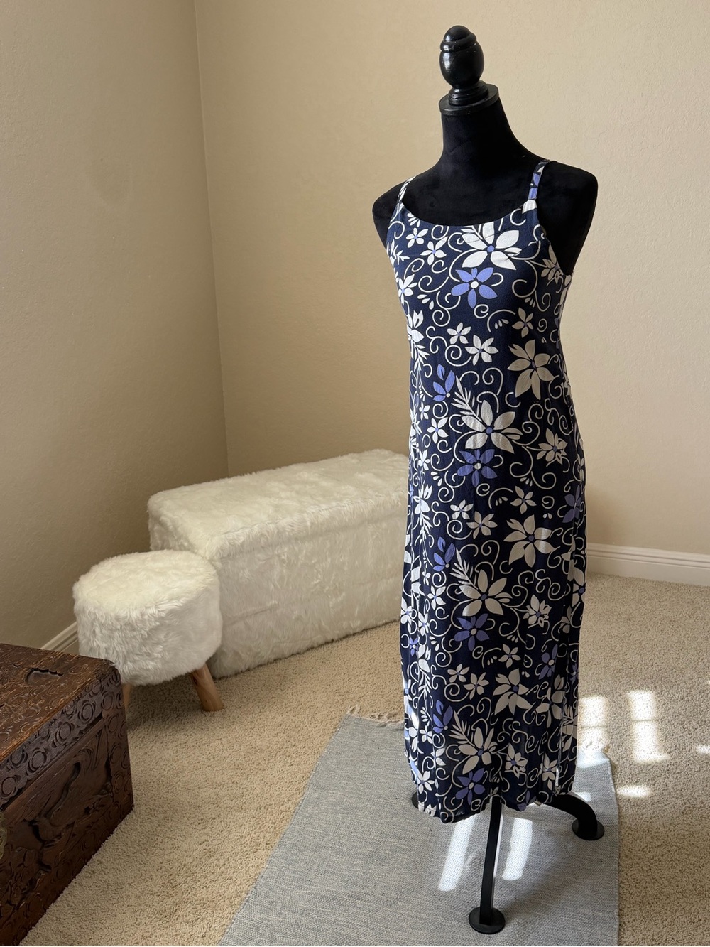 Floral Navy Midi Slip Dress with White and Lavender Accents